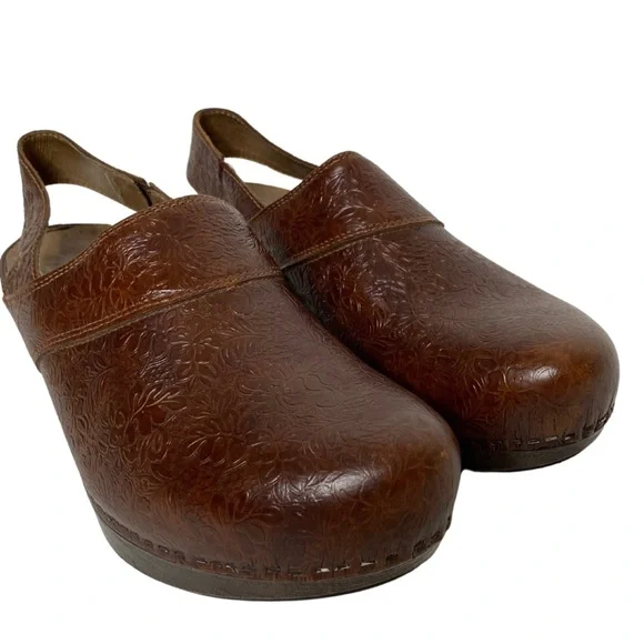 Dansko Floral embossed Brown Leather Slip on Strap Clogs (10) - Picture 5 of 9